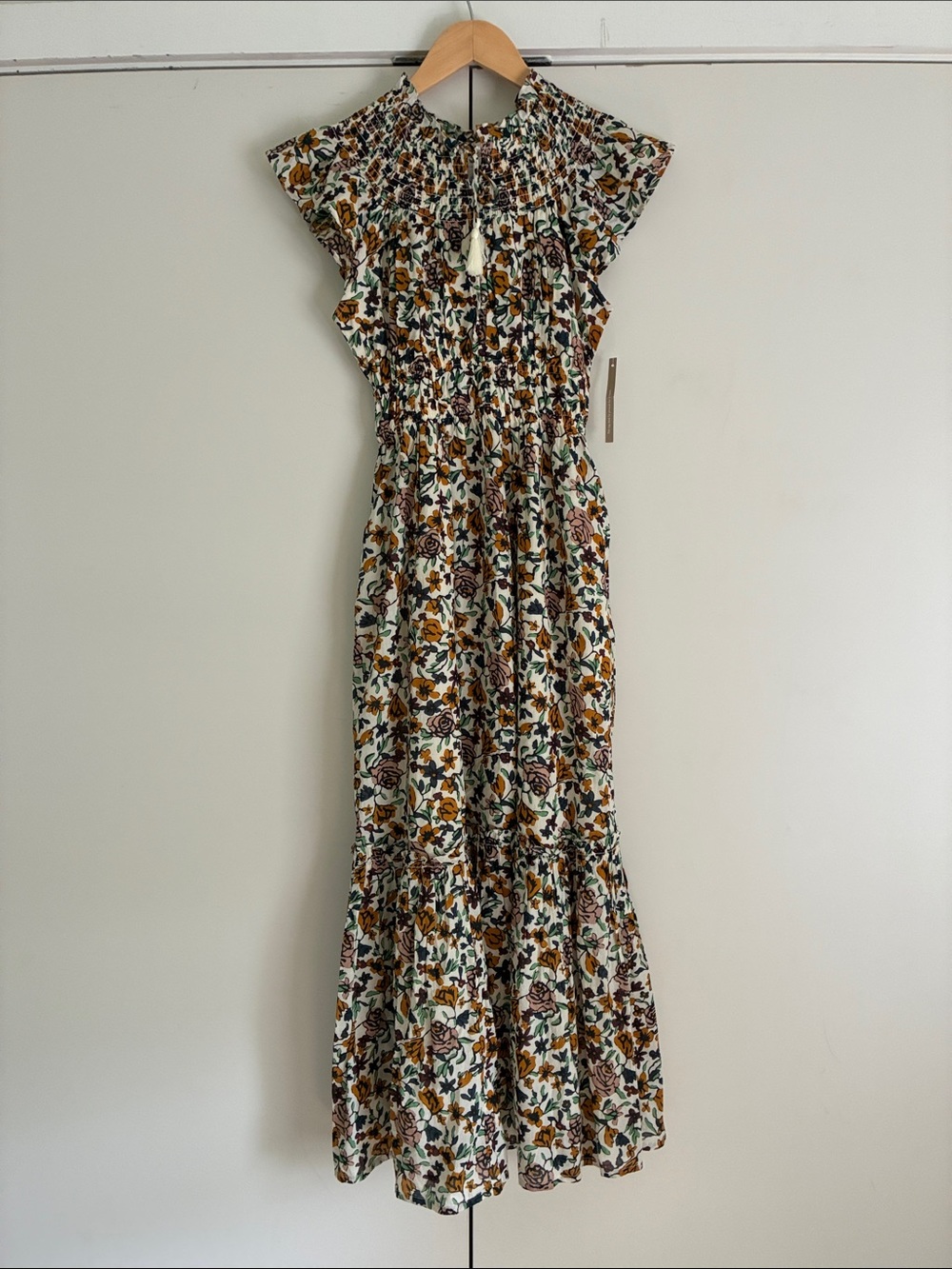 Cleobella Cream Floral Smocked Maxi Dress with Mustard & Olive Accents